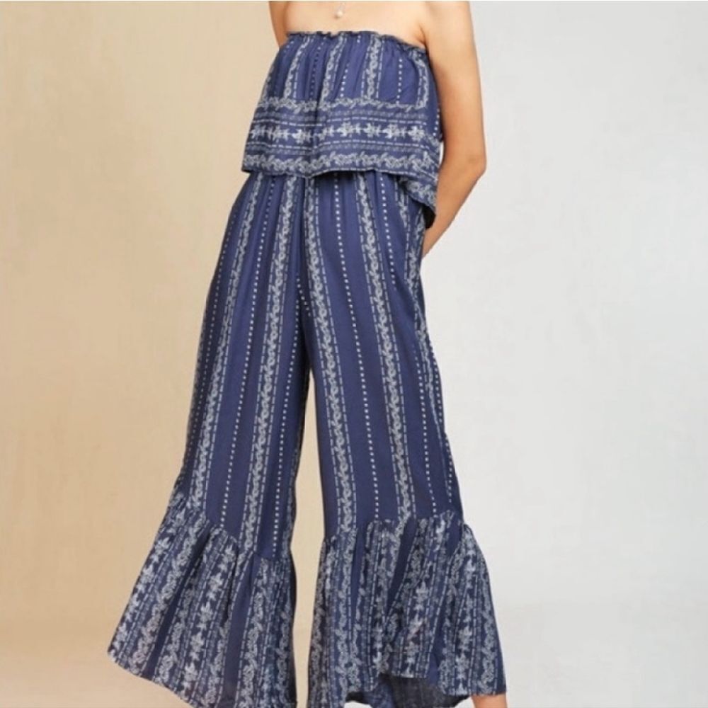 Japna Blue Striped Strapless Ruffle Top Boho Crop‎ Flare Jumpsuit Large